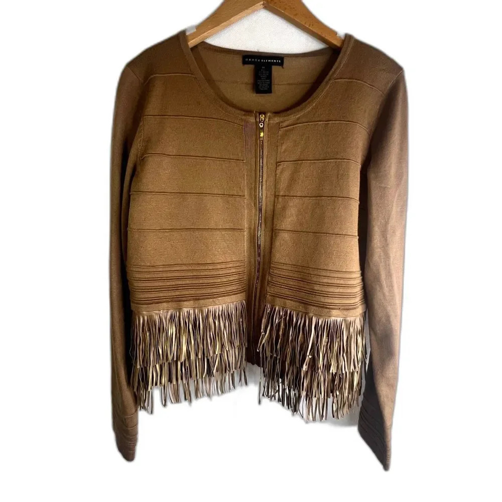 Grace Elements Full‎ Zip Fringed Sweater Size Medium